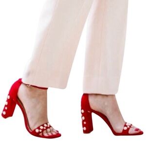 Stuart Weitzman Red Suede More pearls Strap Sandal Designer Shoe Platform Sz 7.5